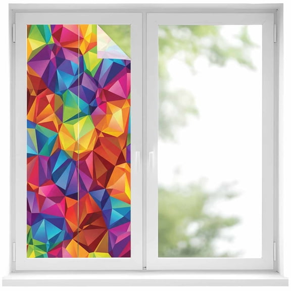 Colorful Geometric Window Privacy Film, Modern Rainbow Ombre Abstract Art Static Cling UV Sun Blocking Heat Control Window Tint Day and Night, Non-Adhesive One Way Windows Privacy Cover 17.7''x39.3''
