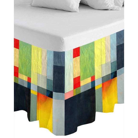 Colorful Geometric Wrap Around Bed Skirts for Queen Bed 16" Drop,Bed Skirt with Adjustable Elastic Belt Dust Ruffle Bed Valance for Bedroom Hotel Color Block Abstract Contemporary Bed Frame Cover