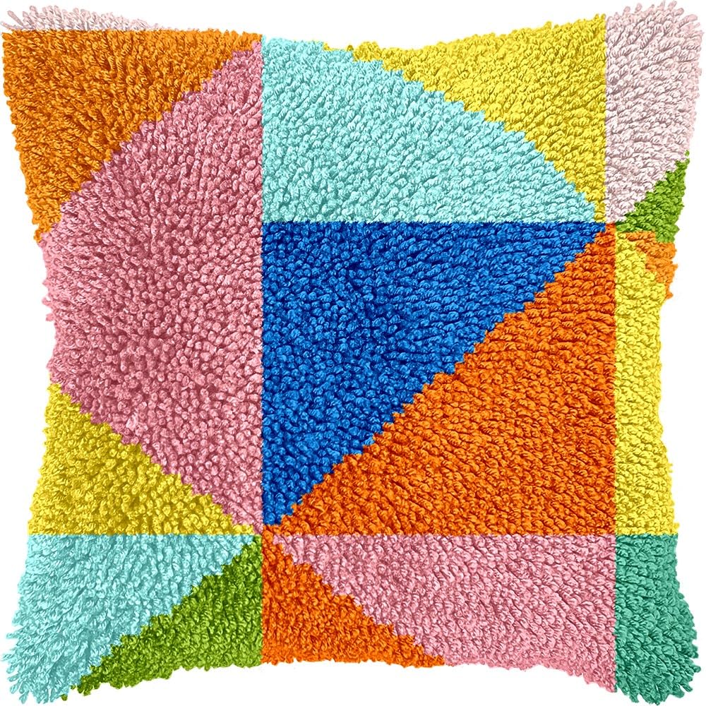 Colorful Geometry Latch Hook Pillow Cover Kits for DIY Handmade Throw Pillow Cross Stitch Latch Hooking Pillowcase Kits with Preprinted Color Pattern Canvas Crochet Yarn Kits 17''X 17''(8-12)
