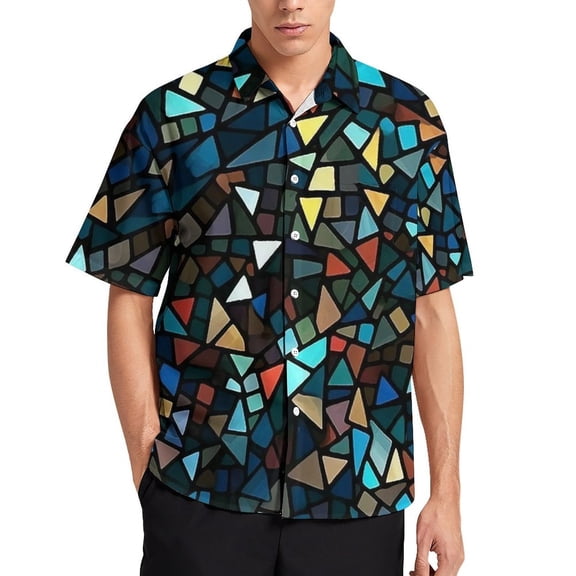 Colorful Geometry Men's Short Sleeve Button Up Shirts Casual Regular-Fit Beach Summer Tops M-4XL