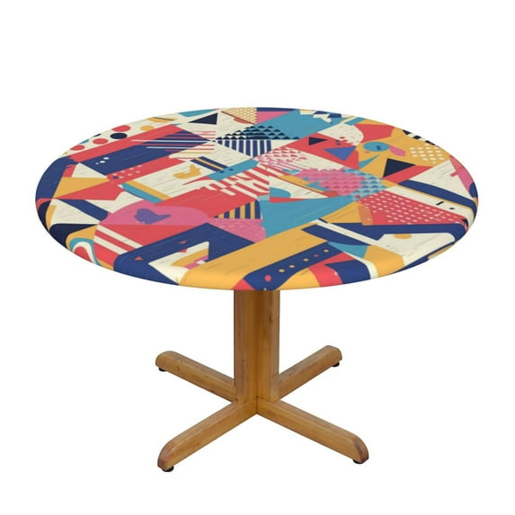 Colorful Geometry Round Fitted Tablecloths Table Covers Wipeable Waterproof Elastic for Kitchen Dinning Parties Wedding Picnic Small Fits 40-44 Inch Table Size