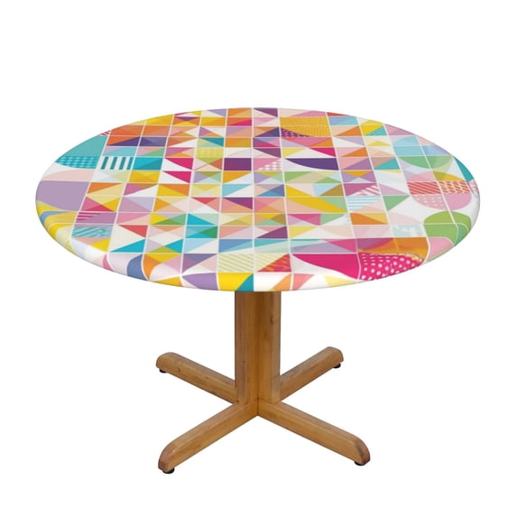 Colorful Geometry Round Fitted Tablecloths Table Covers Wipeable Waterproof Elastic for Kitchen Dinning Parties Wedding Picnic Small Fits 40-44 Inch Table Size