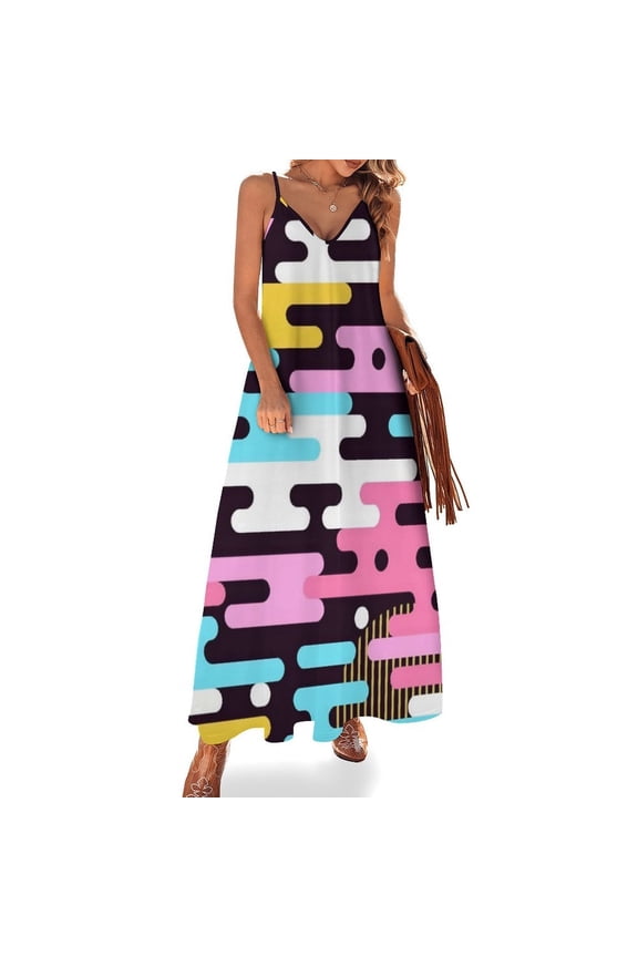 Colorful Geometry Women's Summer Dresses - Backless Womens Long Dress - Floral Print Loose Fit Dress for Beach Vacation Dating