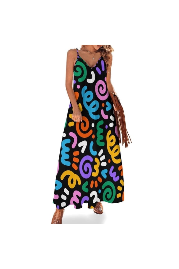 Colorful Geometry Women's Summer Dresses - Backless Womens Long Dress - Floral Print Loose Fit Dress for Beach Vacation Dating