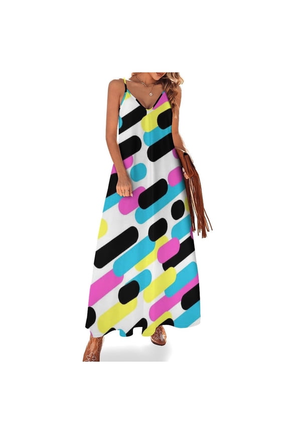 Colorful Geometry Women's Summer Dresses - Backless Womens Long Dress - Floral Print Loose Fit Dress for Beach Vacation Dating