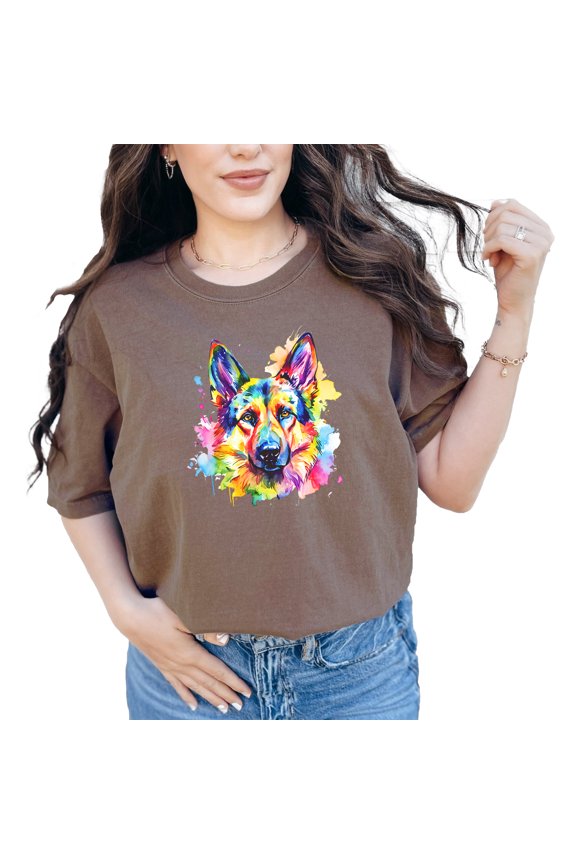 Colorful German Shepherd Art T-Shirt, Vibrant Dog Lover Tee, Watercolor Animal Print Top, Unique Graphic Dog T-Shirt, Espresso Comfort Colors T-Shirt, XL