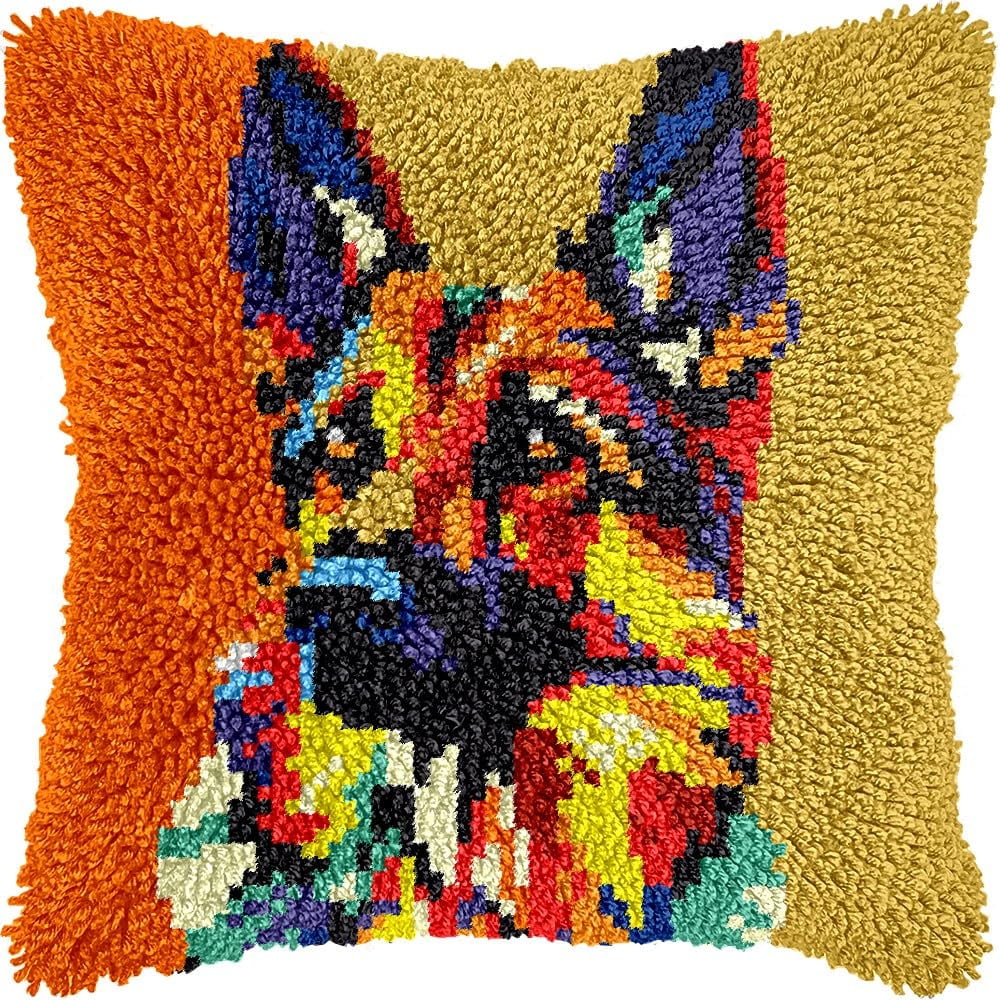 Colorful German Shepherd Latch Hook Kits Pillow kits Cushion Throw Pillow Embroidery Craft Kits DIY Kits of DIY Hooking Pillowcase Cover Supplier with Color Printed Canvas 43x43cm (242)