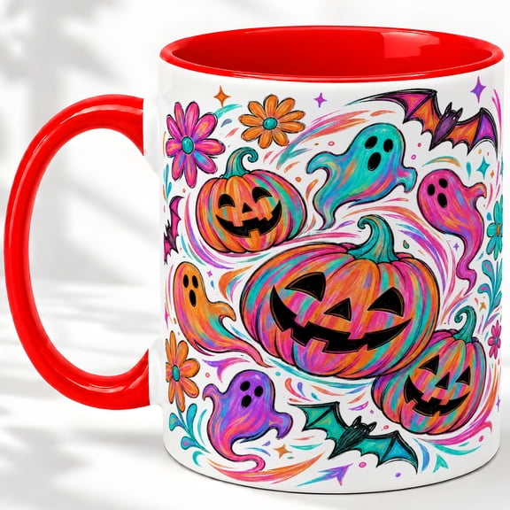 Colorful Ghost Pumpkin 11oz Ceramic Mug, Playful Halloween Style Ceramic mug with bright jack-o-lanterns, colorful ghosts, bats, flowers, and swirling accents for Halloween drinks