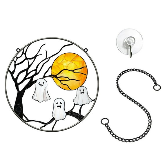 Colorful Ghost Stained Glass Suncatcher Hanging for Window, Art Pendants Bats Halloween Decorations