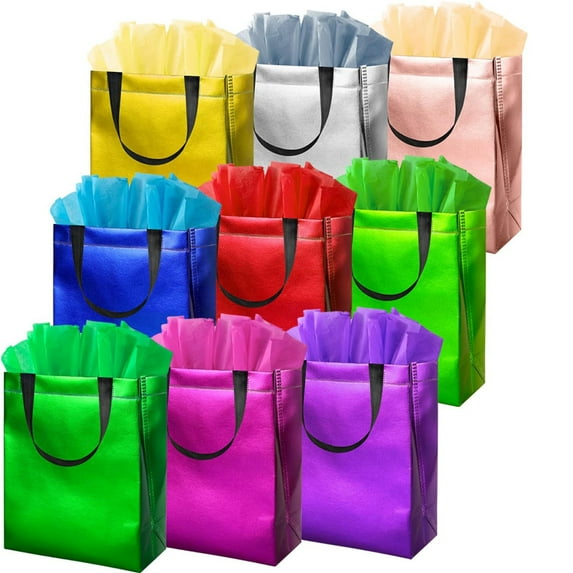 Colorful Gift Bags with Tissues – 9PCS Reusable Gift Bags Medium Size - Ideal for Goodie Bag, Birthday, Shopping, Party Favor Bag