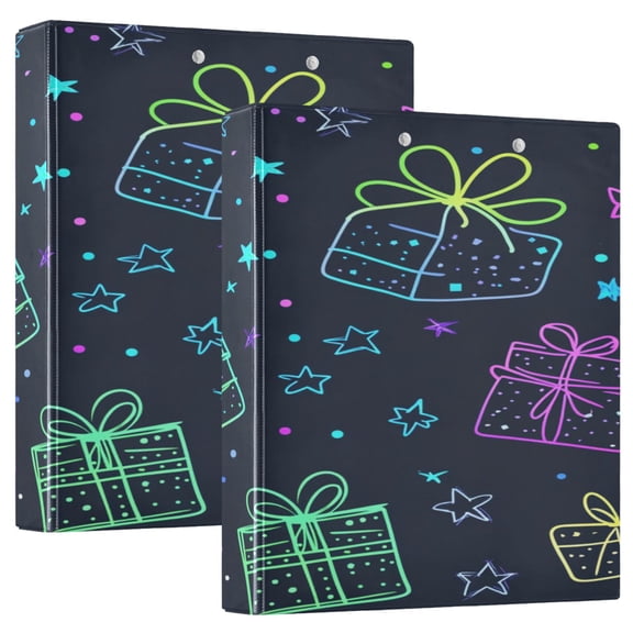 Colorful Gifts and Stars 12.4x10.6in PVC Round Ring Binders, 2-Pack, D-Ring 3-Hole, Metal Clip