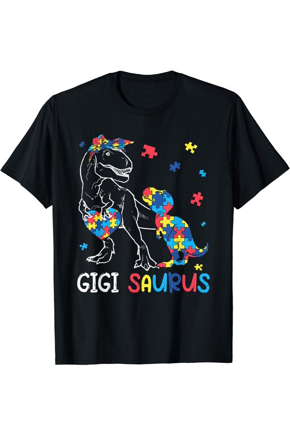 Colorful Gigi Saurus Autism Awareness Puzzle Dinosaur T-Shirt Cause Support