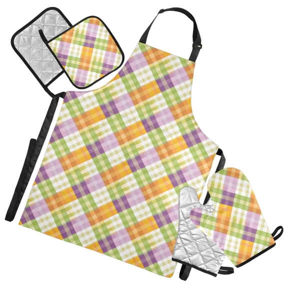 Colorful Gingham 5 Pcs Kitchen Set Heat Resistant Oven Mitts and Non-Slip Pot Holders with Adjustable Cooking Apron