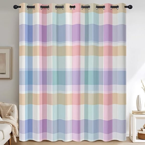 Colorful Gingham Curtains for Living Room, Thermal Insulated Geometric Check Blackout Curtains, Grommet Drapes Window, Rainbow Plaid Bedroom Decor 53"W x 96"L