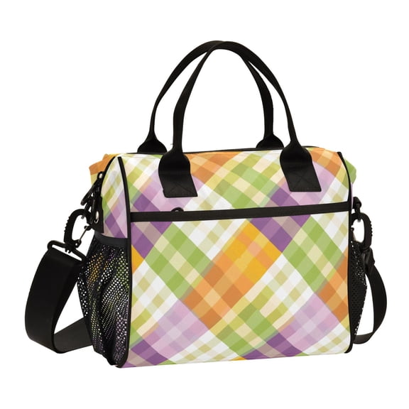 Colorful Gingham Lunch Bag Insulated Lunch Box Leakproof Reusable Cooler Tote Adjustable Shoulder Strap for Men Women 9L
