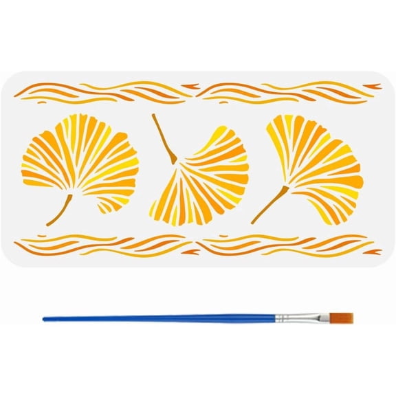 Colorful Ginkgo Leaf Border Stencil with Brush 5.9x11.8inch Rectangle Ginkgo Leaves Template Reusable Tile Border Stencil Plastic Plant Theme Template for Home Wall Floor Furniture Decoration