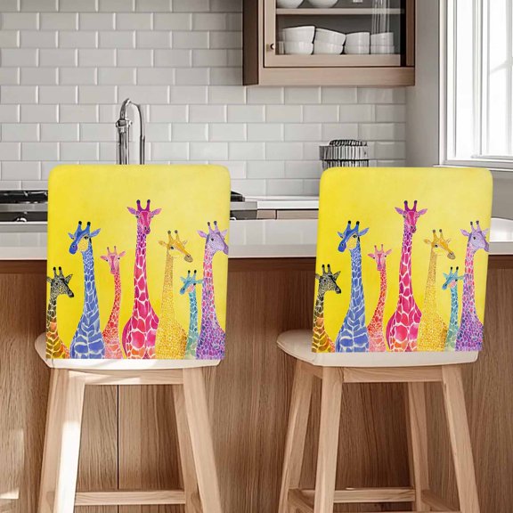 Colorful Giraffe Chair Back Cover for Dining Room Set of 4, Watercolor Cute Cartoon Yellow Removable Kitchen Chair Slipcovers, Washable Seat Protector for Restaurant Party Banquet Wedding Décor