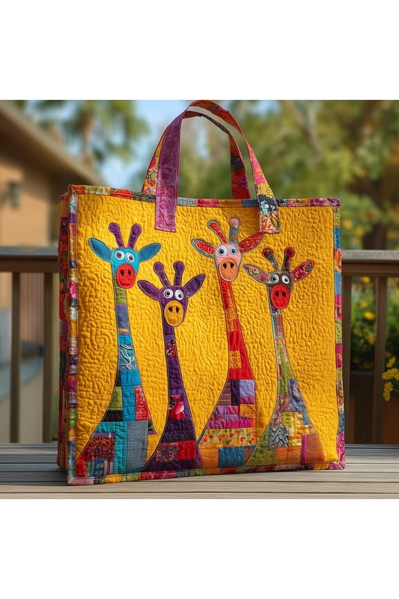 Colorful Giraffe Quilted Tote Bag, Funny Safari Animal Pattern Shoulder Tote, Whimsical Market Bag