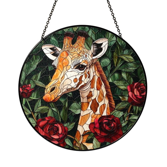Colorful Giraffe Silhouette Stained Glass Style Decorative Window Panel, Hanging Art