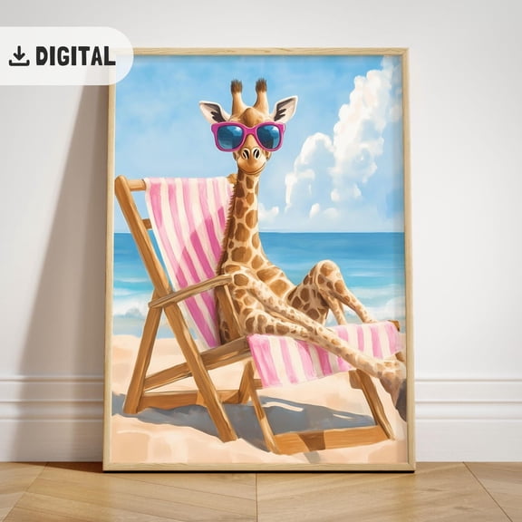 Colorful Giraffe Summer, Beach , Wild Animal Coastal Wall Art Unframed Paper Print