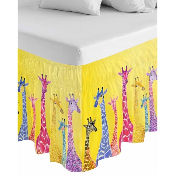 Colorful Giraffe Wrap Around Bed Skirts for California King Bed 16" Drop,Bed Skirt with Adjustable Elastic Belt Dust Ruffle Bed Valance for Bedroom Watercolor Cute Cartoon Yellow Bed Frame Cover