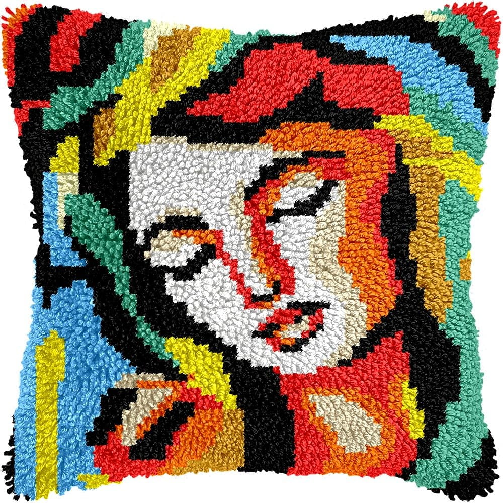 Colorful Girl Portrait Latch Hook Pillow Kits for DIY Throw Pillow Cushion Embroidery Latch Hooking Pillowcase Kits with Preprinted Canvas Crochet Yarn Kits for Home Decor 17''X 17''(d138)
