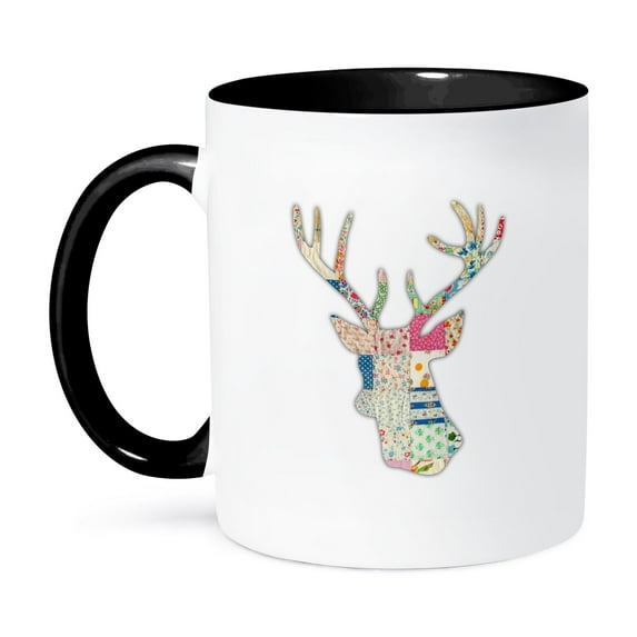 3dRose, Colorful Girly Deer head silhouette. Modern country stag with antlers, 15oz Two-Tone Black Mug