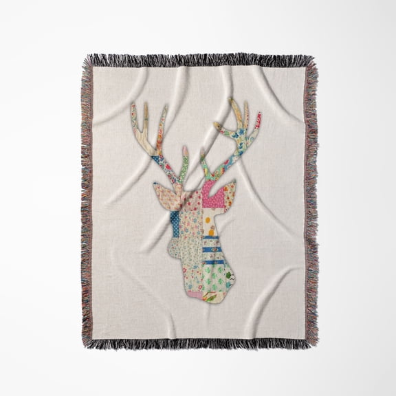 Colorful Girly Deer Head Silhouette. Modern Country Stag With Antlers, Woven Blanket