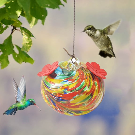 Colorful Glass Bird Feeder, Hand-Blown Bird Feeding Device with 2 Flower Feeding Ports, Outdoor Garden Hanging Decoration Glass Painting Feeder, Small Hummingbird Feeder Courtyard Decor, 8.5x7cm