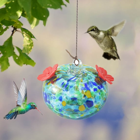 Colorful Glass Bird Feeder, Hand-Blown Bird Feeding Device with 2 Flower Feeding Ports, Outdoor Garden Hanging Decoration Glass Painting Feeder, Small Hummingbird Feeder Courtyard Decor, 8.5x7cm