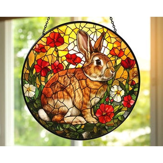 Colorful Glass Bunny Suncatcher, Floral Rabbit Window Hanging, Spring Garden Sun Catcher, Easter Bunny Decor, Window Gift, 7.9 in