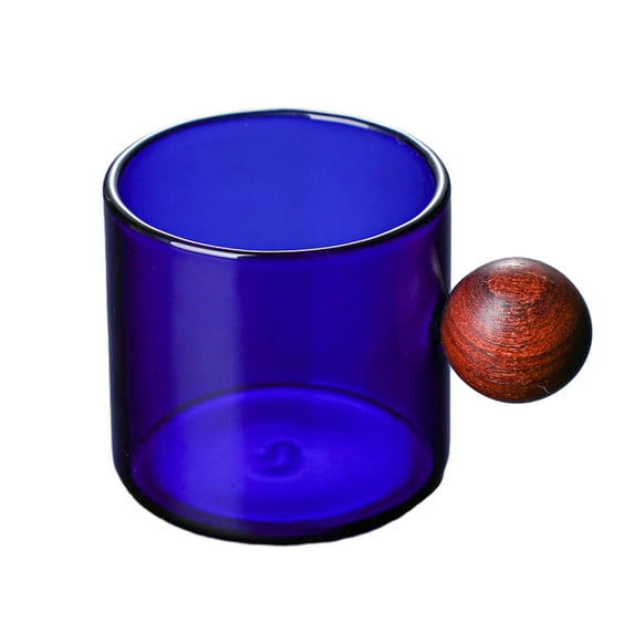 Colorful Glass Coffee Mugs with Wooden Ball Handle Reusable Drinking Tea Glass for Tea Coffee Latte (Blue,220ml)