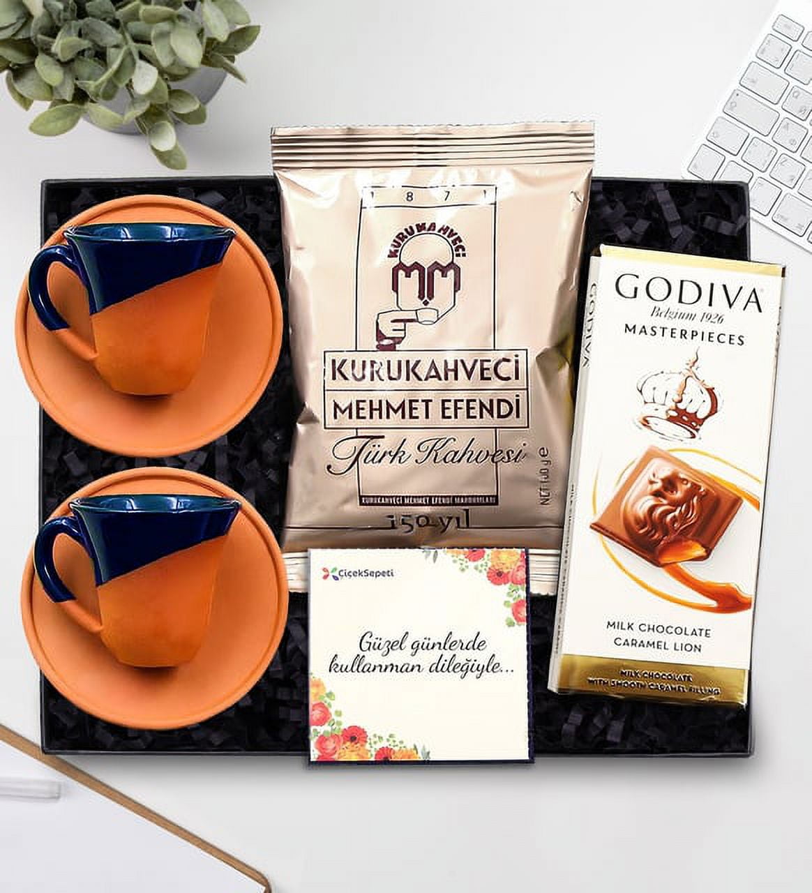 Colorful Glazed 2 Piece Pottery Cup & Godiva Chocolate & Mehmet Efendi