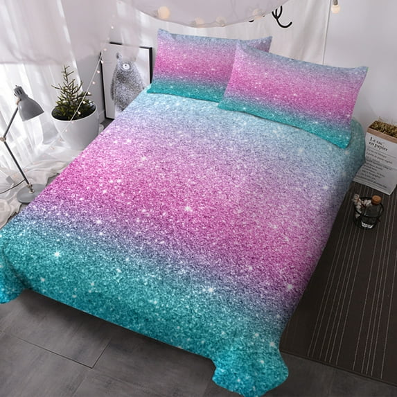Colorful Glitter Bedding Girly Turquoise Blue Pink and Purple Pastel Colors Duvet Cover 3 Piece Trendy Bed Spreads Queen Size Comforter Cover Sets