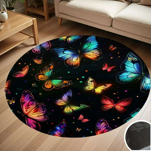 Colorful Glitter Butterflies Round Carpet Living Room Bedroom Home Decoration Coffee Table Mat Lounge Rug Chair Mats