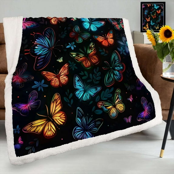 Colorful Glitter Butterflies Sherpa Blanket Throw Blanket For Bed Chair Sofa Blanket For Women Men Blanket Microfiber
