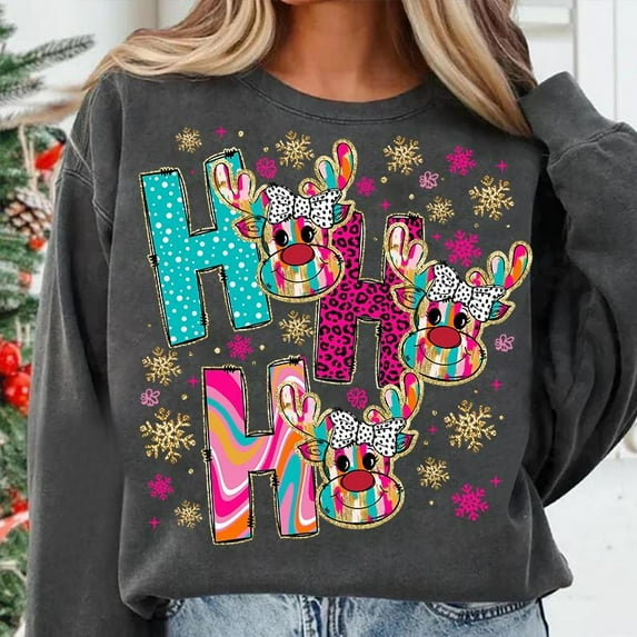 Colorful Glitter Christmas Ho Ho Ho Sweatshirt, Bright Color Girl Reindeer Christmas Shirt, Dalmatian Dots Christmas Sweatshirt, Christmas Tree Shirt, Santa Brushstroke Shirt