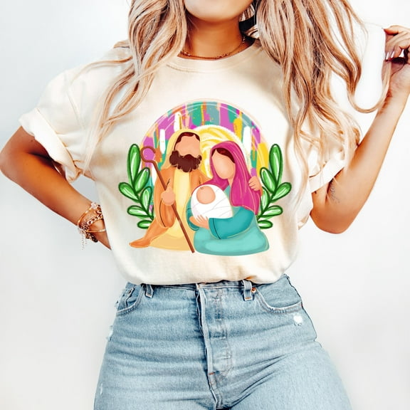 Colorful Glitter Christmas Nativity Tee, Jesus Christmas Love, Baby Jesus T-Shirt, Oh Come Let Us Adore Him, Kid, Adult Size, Juvora Life