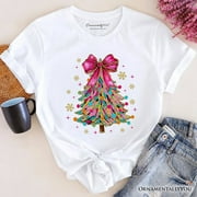 ORNAMENTALLYYOU Colorful Glitter Christmas Tree Pink Bow T-Shirt, Pink Bow Coquette Holiday Tee