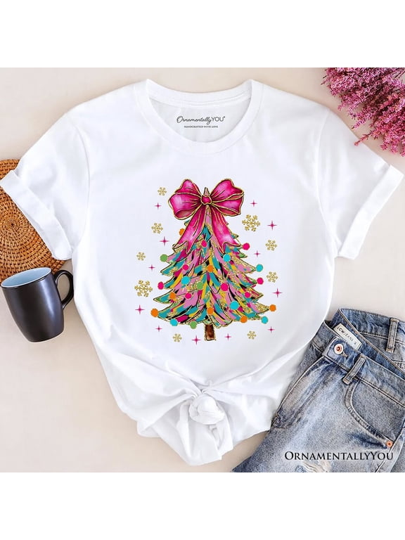 Colorful Glitter Christmas Tree Pink Bow T-Shirt, Pink Bow Coquette Holiday Tee