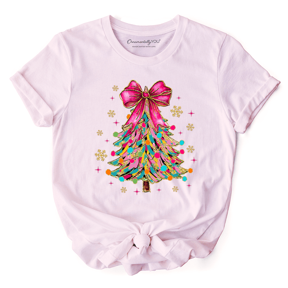 Colorful Glitter Christmas Tree Pink Bow T-Shirt, Pink Bow Coquette Holiday Tee