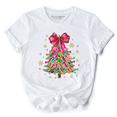 thumbnail image 1 of Colorful Glitter Christmas Tree Pink Bow T-Shirt, Pink Bow Coquette Holiday Tee, 1 of 11