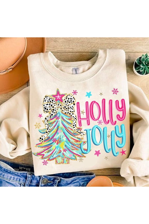 Colorful Glitter Christmas Tree Sweater, Holly Jolly Floral Christmas Shirt, Pink Blue Bow Dalmatian Holiday Top