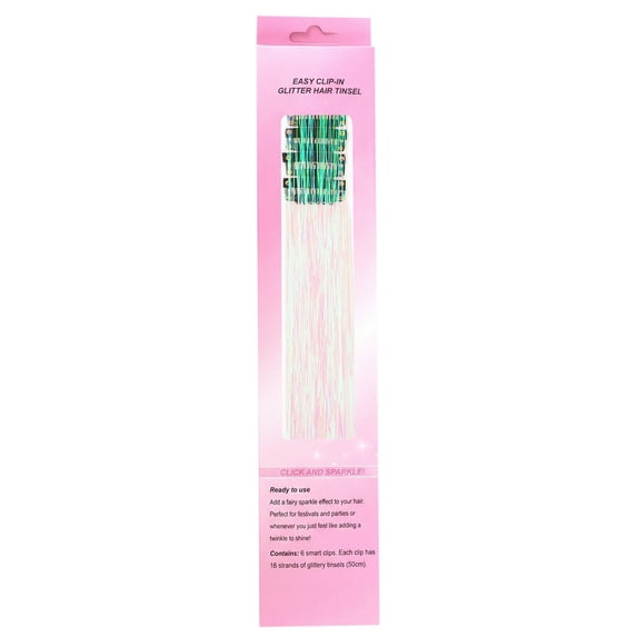 Colorful Glitter Hair Tinsel Extensions, Oimcto 20 Inch Sparkly Clip in Strands with Metal Clips, Synthetic Hair Highlights for Women, Birthday Parties Costumes, 12 Pcs, White