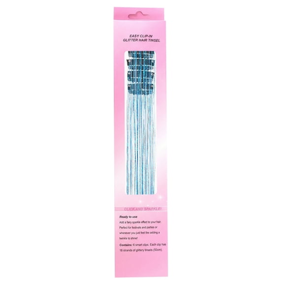 Colorful Glitter Hair Tinsel Extensions, Oimcto 20 Inch Sparkly Clip in Strands with Metal Clips, Synthetic Hair Highlights for Women, Birthday Parties Costumes, 12 Pcs, Blue