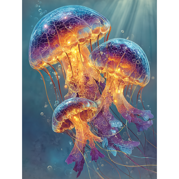 Colorful Glowing Jellyfish Canvas Wall Art, Underwater Ocean Scene, Coastal Beach Decor