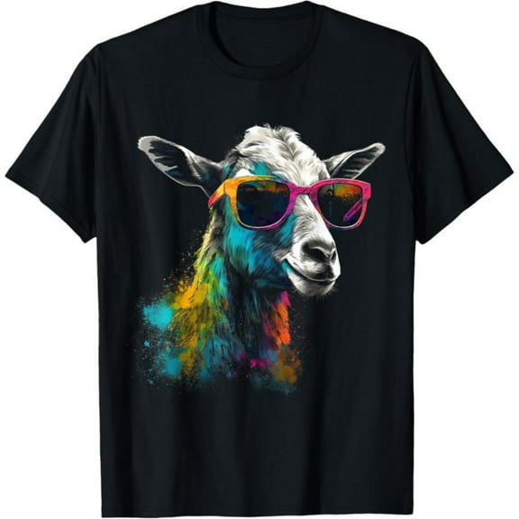 Colorful Goat Graphic Tee, Pattern printing，Interesting design，Comfortable T-Shirt Tops ，Classic，cotton，black，S-5XL