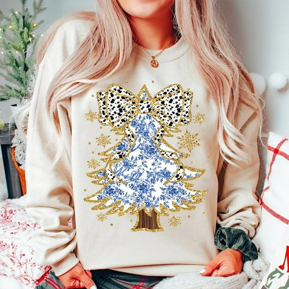 Colorful Gold Chinoiserie Christmas Tree Sweatshirt, Blue Coquette Holiday Pullover, Preppy Floral Bow Xmas Sweatshirt
