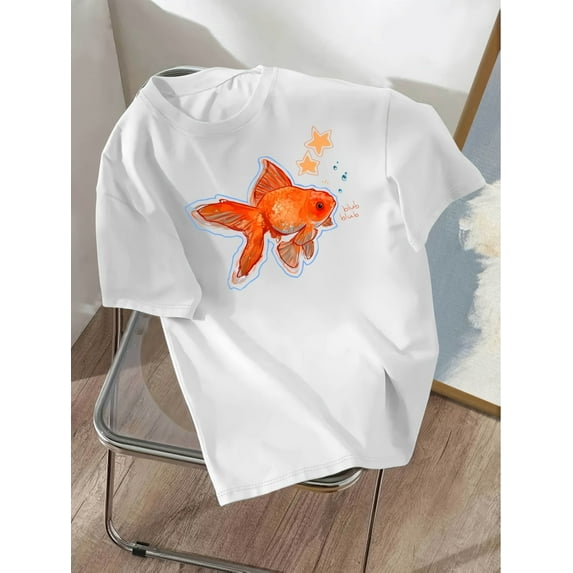 Colorful Goldfish Bubble and Star Printed T-Shirt - Casual Crew Neck, Cotton, Medium Stretch, All Seasons, Knit Fabric, Ladies Comfy Tees, Casual Sporty Tee, Summer Gifts