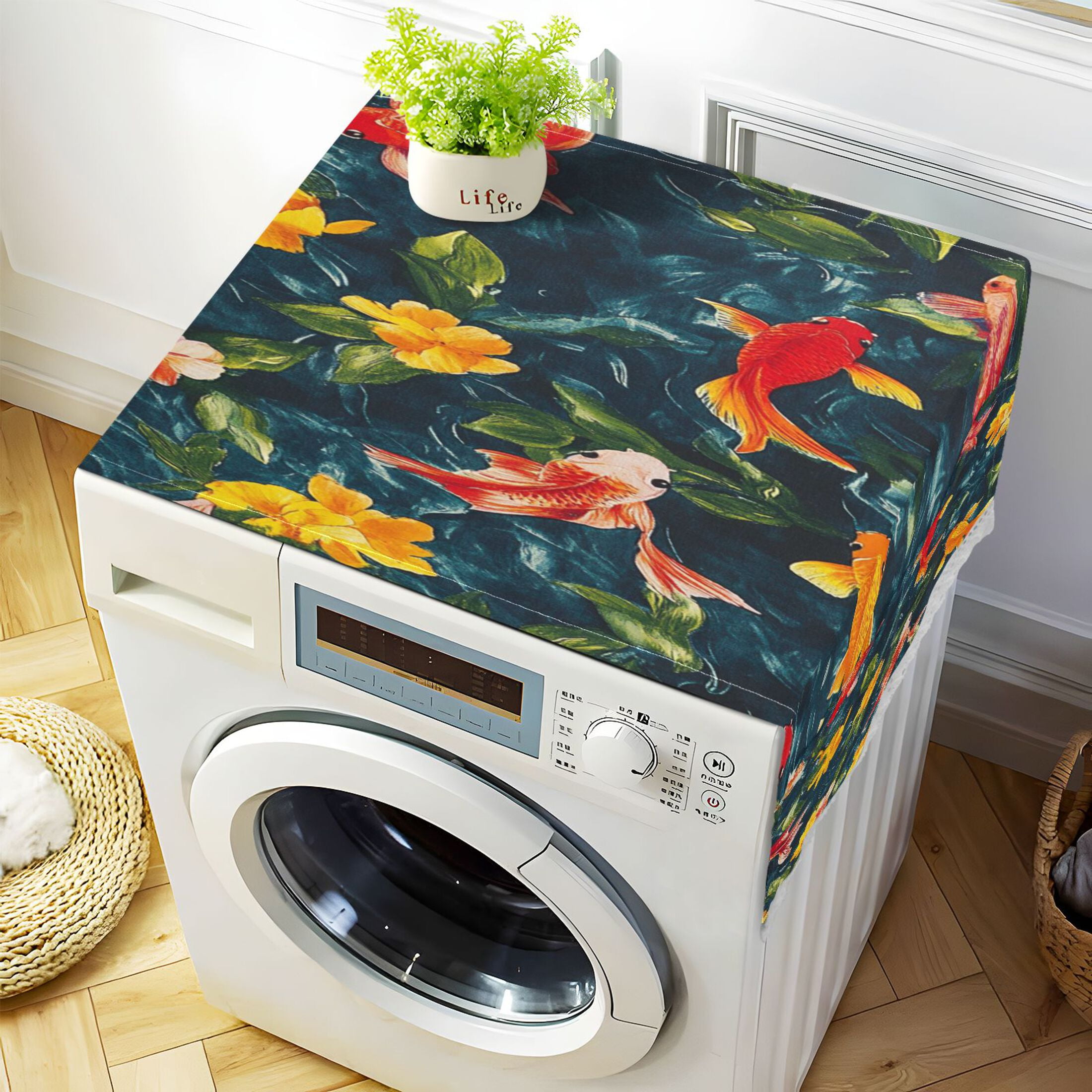 Colorful GoldfishWasher and Dryer Covers Dust-Proof and Oil Resistant Fridge Cover with 4 Storage Pockets Washing Machine Top Cover for Laundry Kitchen Home 51.2 x 22 In